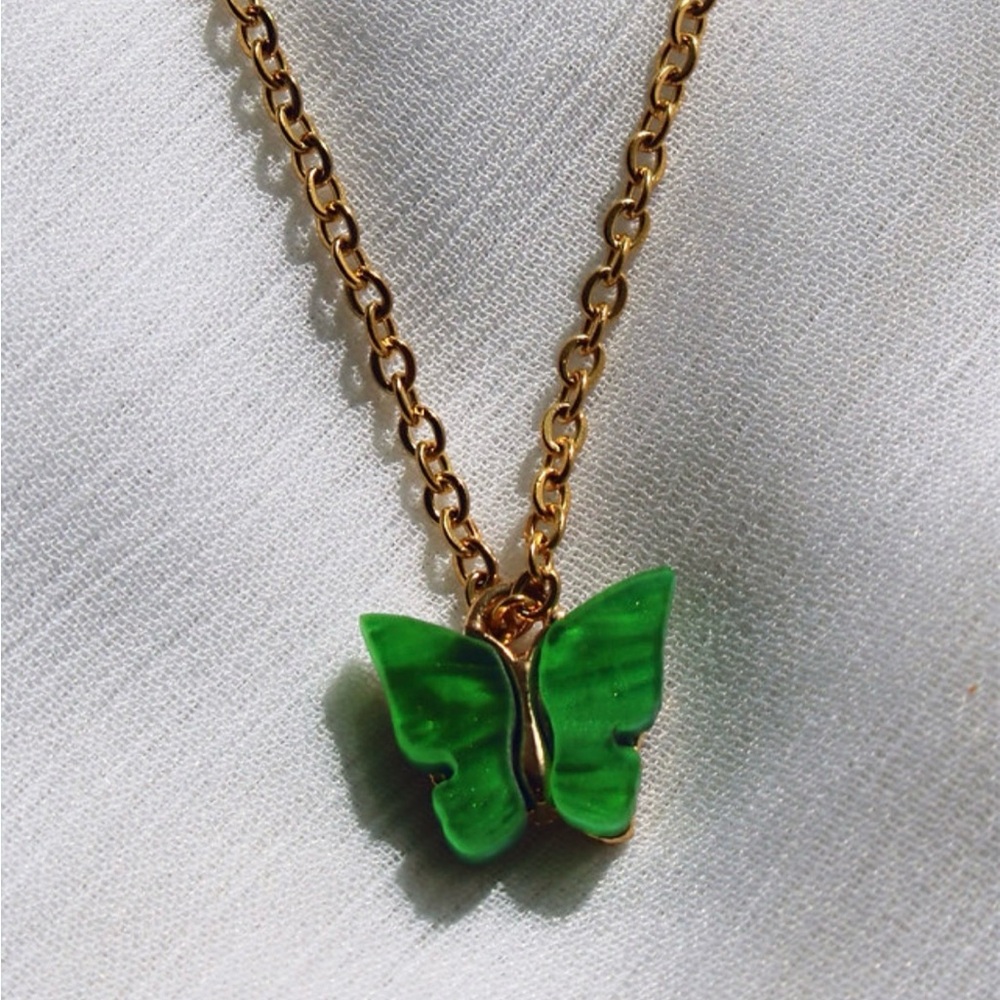 Green Butterfly Pendant Stainless Steel Gold Coloured Chain Necklace
